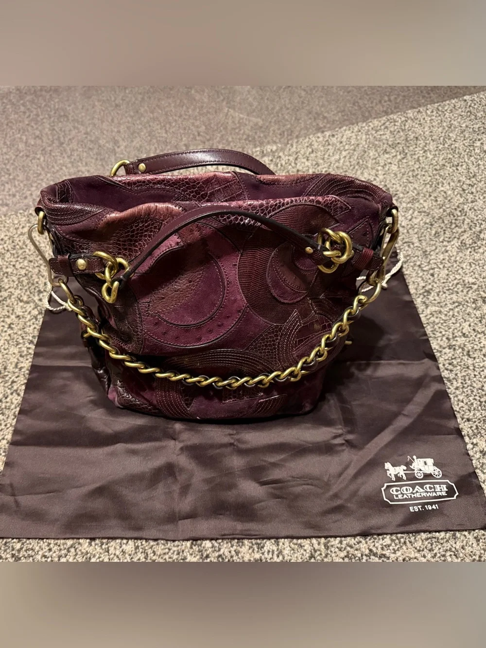 Coach Brooke 14339 Plum Inlaid C Suede Leather Shoulder Bag
